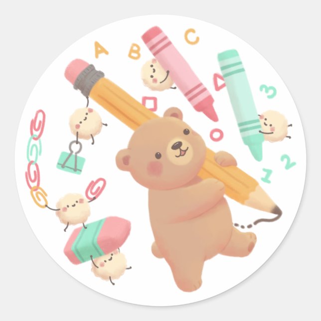 Teddy's Back to School Illustration Classic Round Sticker (Front)