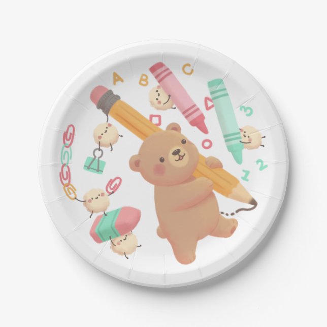 Teddy's Back to School Illustration Paper Plate (Front)