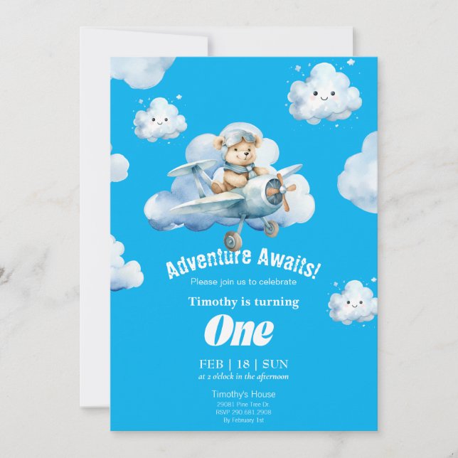Teddy's First Birthday Sky Safari Invitation  (Front)