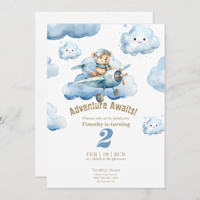 Teddy's Sky-High 2nd Birthday Adventure  Invitation (Front/Back)