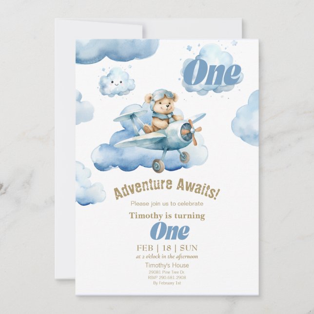 Teddy's Sky-High First Birthday Adventure  Invitation (Front)