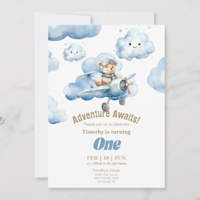 Teddy's Sky-High First Birthday Adventure  Invitation (Front)