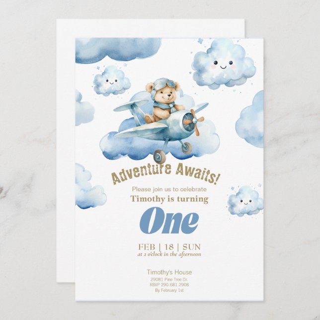 Teddy's Sky-High First Birthday Adventure  Invitation (Front/Back)