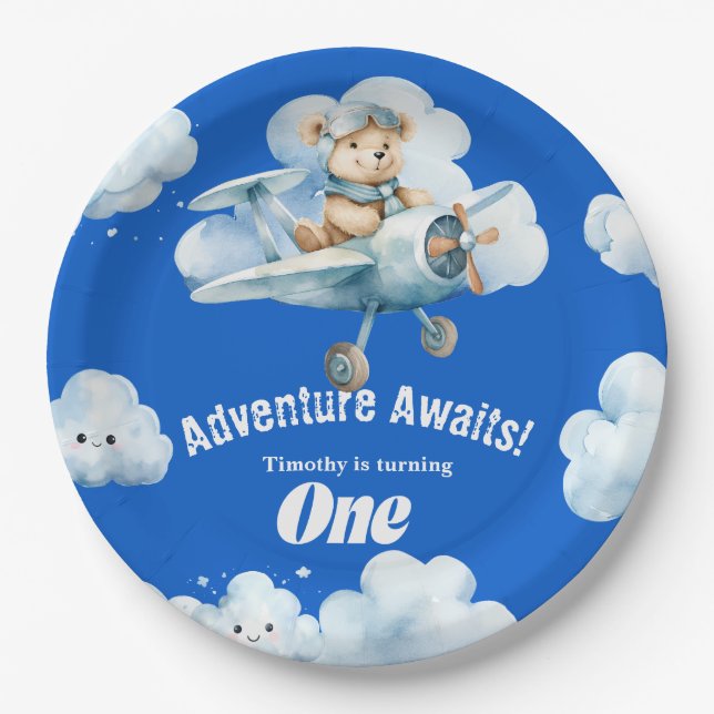 Teddy's Sky-High Soiree: A First Birthday Balloon Paper Plate (Front)