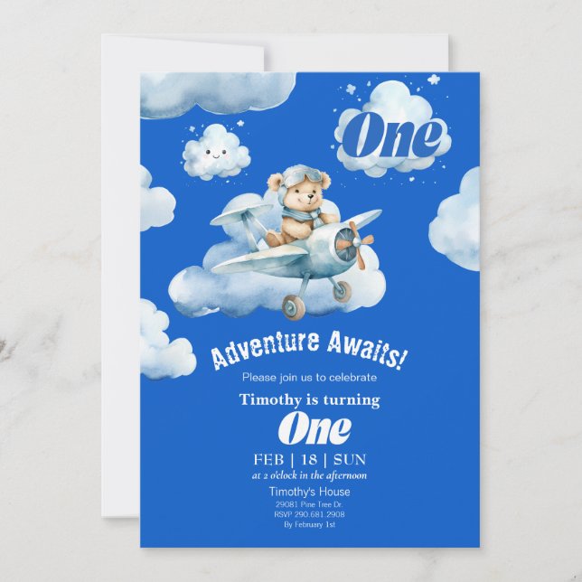 Teddy's Sky Safari: 1st Birthday Expedition Invitation (Front)