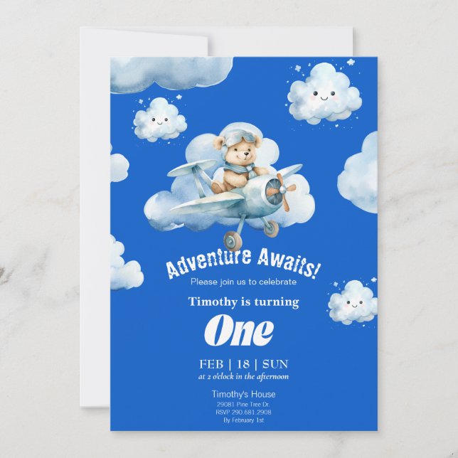 Teddy's Sky Safari: 1st Birthday Expedition Invitation (Front)