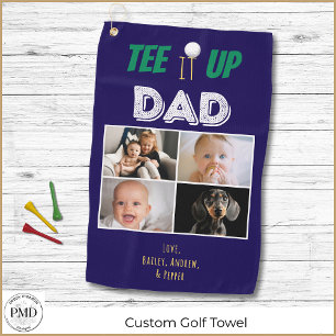 Tee It Up Dad Custom 4 Photo Fathers Day Navy Blue Golf Towel