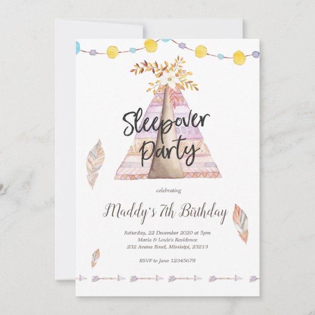Tee Pee Sleepover Girl Birthday Party Invitation (Front)