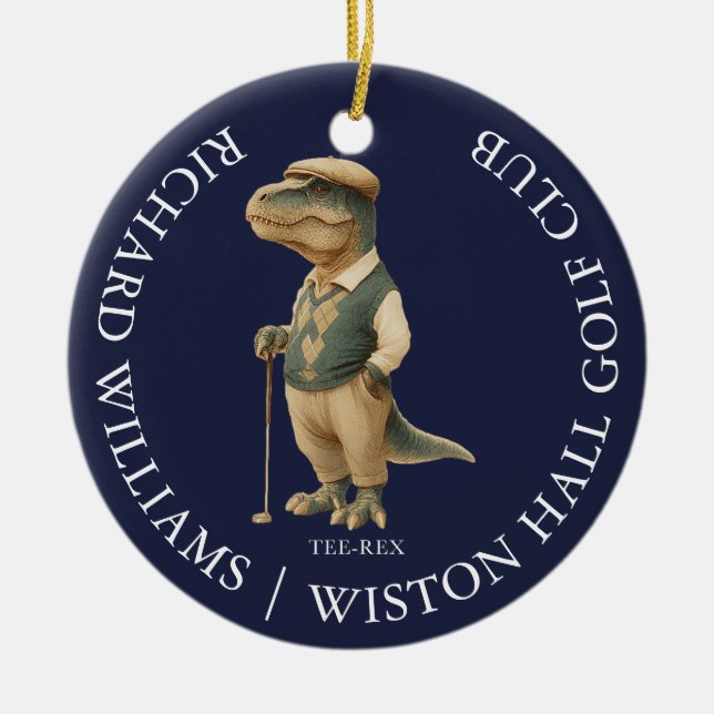 Tee-Rex Dinosaur Golfer Name And Club Navy Blue Ceramic Ornament (Front)