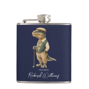 Tee-Rex Golfer Dinosaur Signature Name Navy Blue Hip Flask