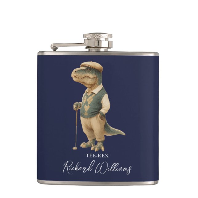 Tee-Rex Golfer Dinosaur Signature Name Navy Blue Hip Flask (Front)