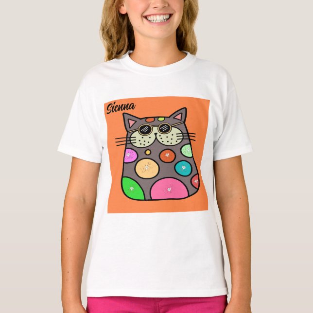 Tee Shirt for Young Girl with Crazy Cat (Front)