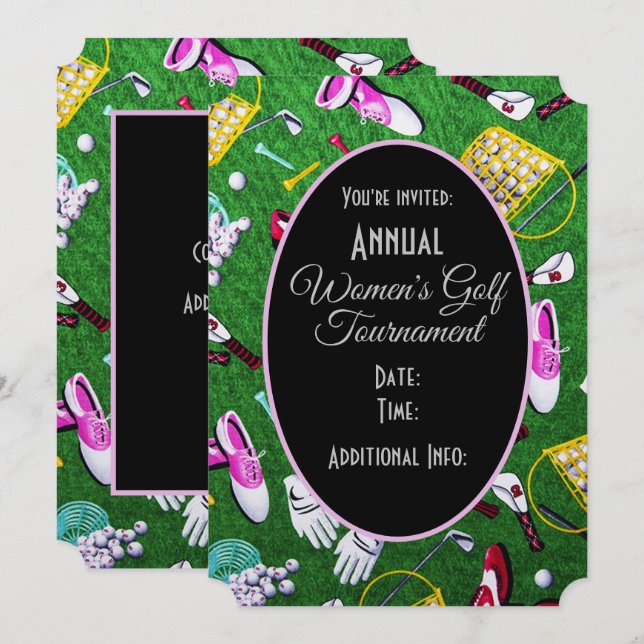 Tee Time Girly Golf Tournament Black Invitation (Front/Back)