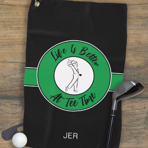 Tee Time Golfer Humour Sports Monogram Black Green Golf Towel