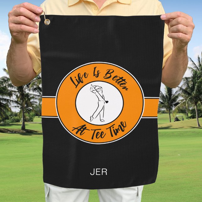 Tee Time Golfer Humour Sports Monogram Black Orang Golf Towel (Tee Time Golfer Humor Sports Monogram Black Orange Golf Towel Unique Custom Gift for Golfers)