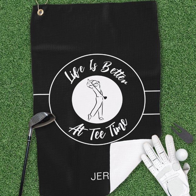 Tee Time Golfer Humour Sports Monogram Black White Golf Towel (Creator Uploaded)