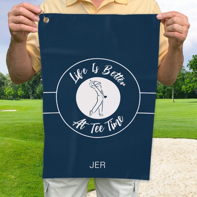 Tee Time Golfer Humour Sports Monogram Blue White Golf Towel (Creator Uploaded)
