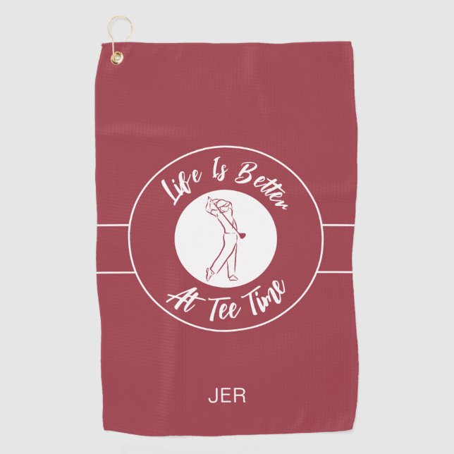 Tee Time Golfer Humour Sports Monogram Crimson Red Golf Towel (Front)
