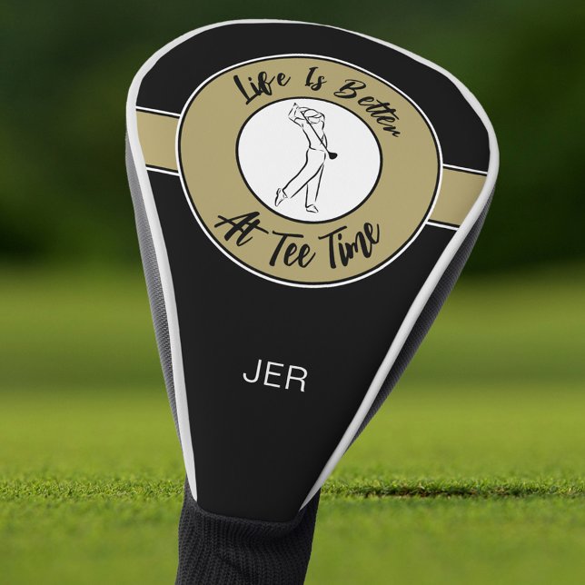 Tee Time Golfer Sports Humour Monogram Black Gold  Golf Head Cover (Tee Time Golfer Sports Humor Monogram Black Gold Golf Head Cover)