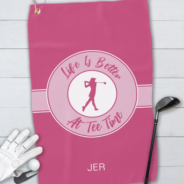 Tee Time Monogram – Pink Humour Design For Her     Golf Towel (Tee Time Golfer Humor Sports Monogram Pink For Her Golf Towel)