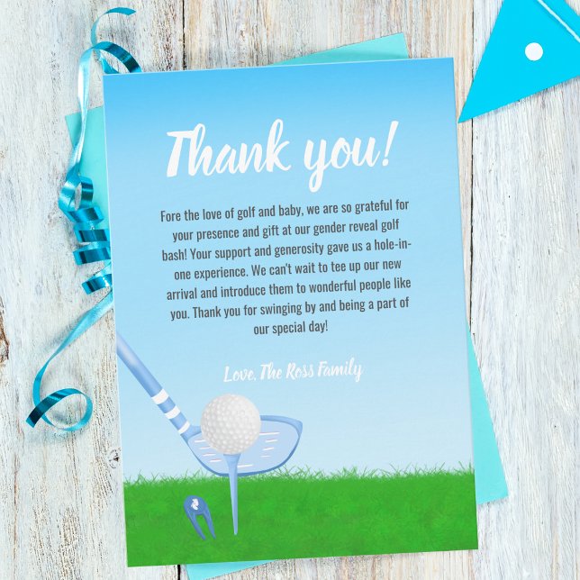 Tee Up Blue Golf Gender Reveal Baby Thank You Card (Creator Uploaded)