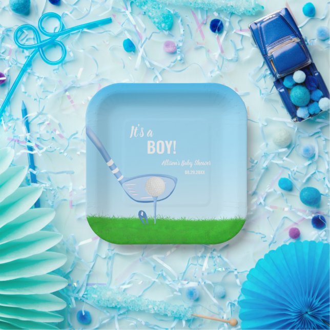 Tee Up Blue Golf It's a Boy! Baby Shower Paper Plate (Party)