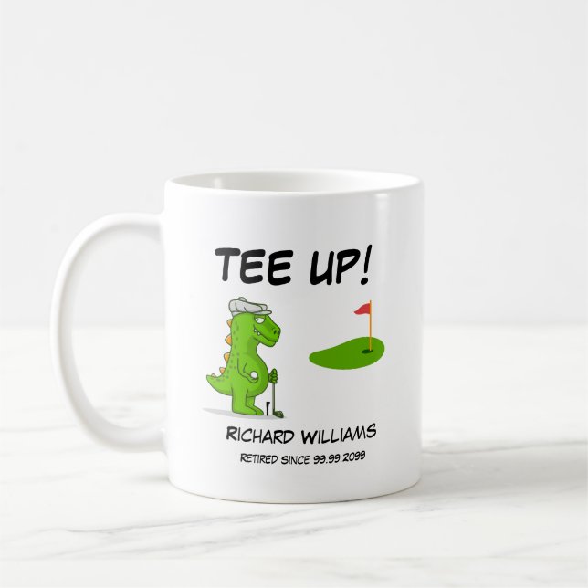 Tee Up Retired Golf Dinosaur Player Comic Coffee Mug (Left)