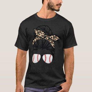 Teeball Mum Leopard Mum messy hair bun Mother's Da T-Shirt