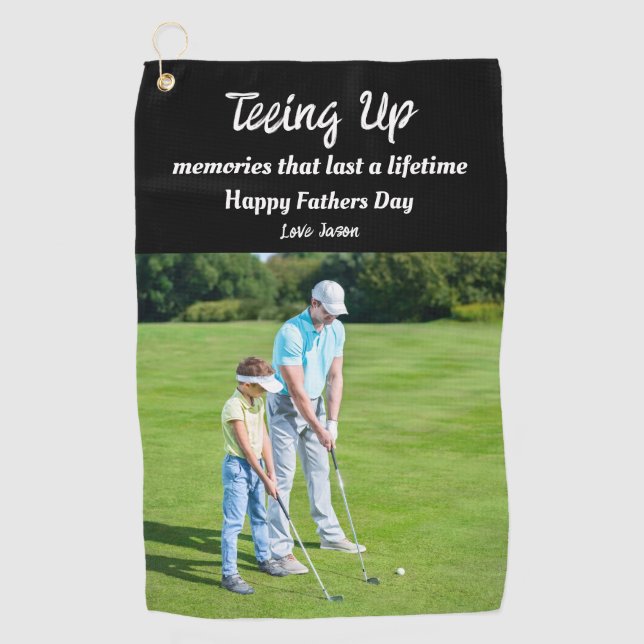 Teeing Up Memories Fathers Day Photo Gift Black Golf Towel (Front)