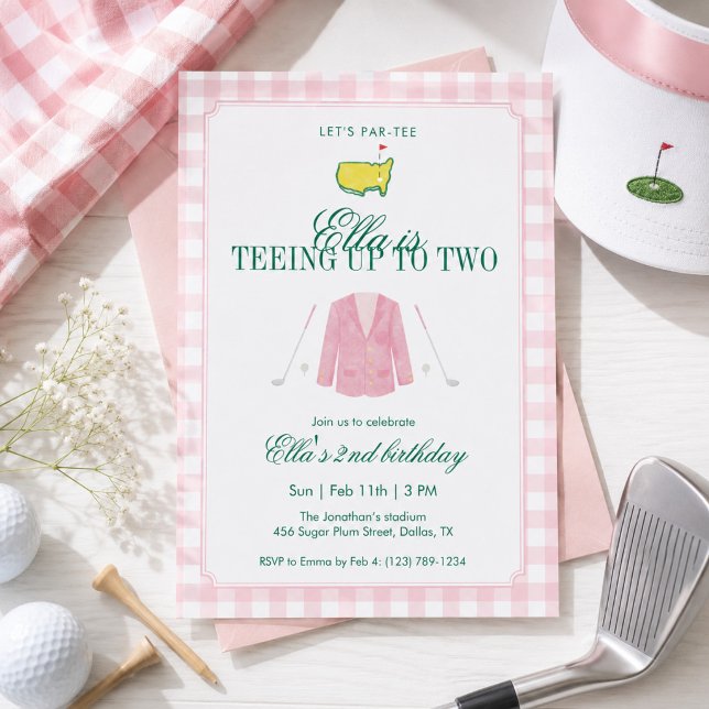 Teeing Up To Two Golf 2nd Birthday Pink Gingham Invitation (Creator Uploaded)
