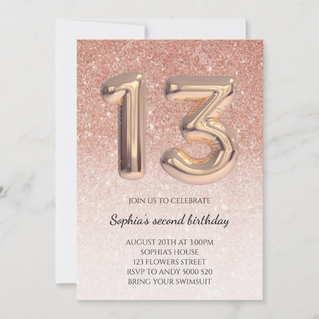 Teen 13th Birthday Rose Gold Glitter Foil Balloon Invitation (Front)
