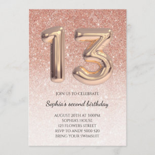 Teen 13th Birthday Rose Gold Glitter Foil Balloon Invitation