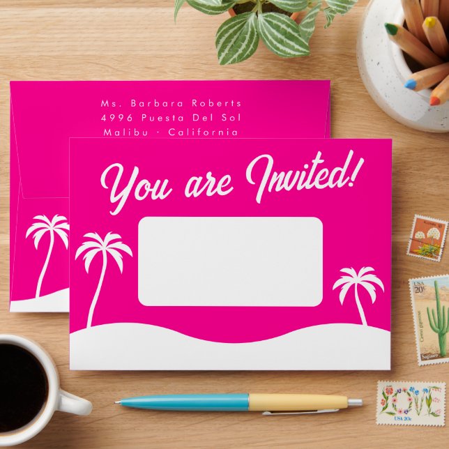 Teen Birthday Sweet 16 Hot Pink Beach Palm Trees Envelope (Desk)