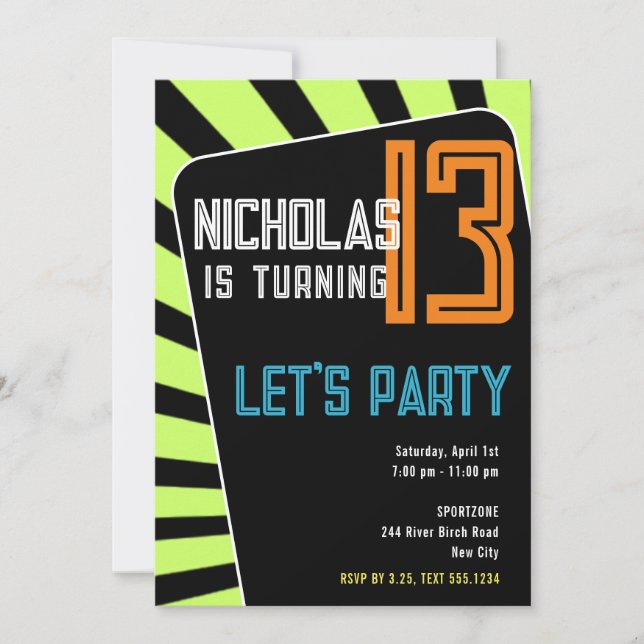 Teen Boy 13th Birthday-Any Age Bright Neon Invitation (Front)