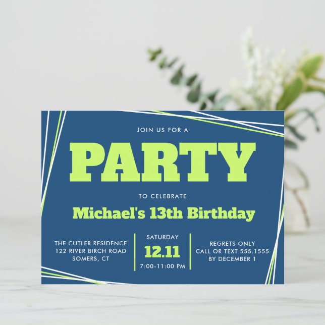 Teen Boy Birthday, 13 or Any Age, Blue Green Invitation (Standing Front)