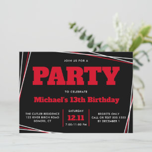 Teen Boy Birthday, 13 or Any Age, Red Black Invitation