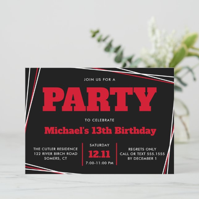 Teen Boy Birthday, 13 or Any Age, Red Black Invitation (Standing Front)