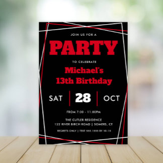 Teen Boy Birthday, 13 or Any Age, Red Black Invitation
