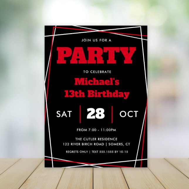 Teen Boy Birthday, 13 or Any Age, Red Black Invitation (Creator Uploaded)