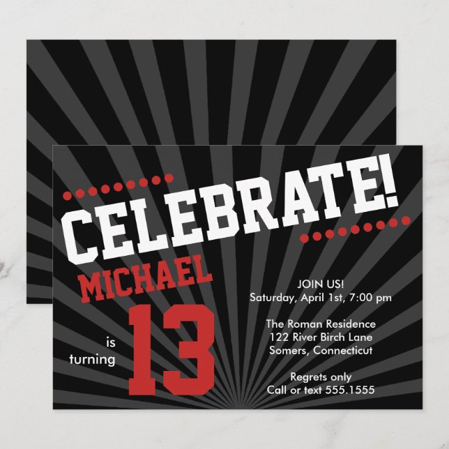 Teen Boy Birthday Invitation-Any Year, Red Invitation (Front/Back)