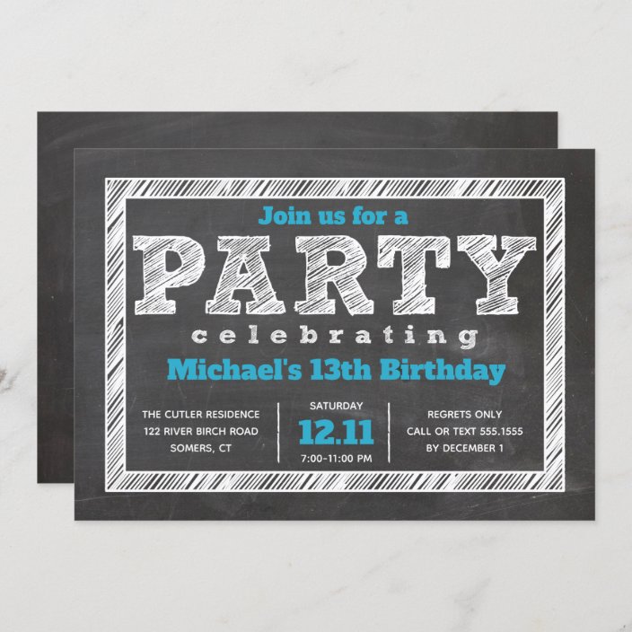 Teen Boy Birthday Invitation, Chalkboard, Blue Invitation Zazzle