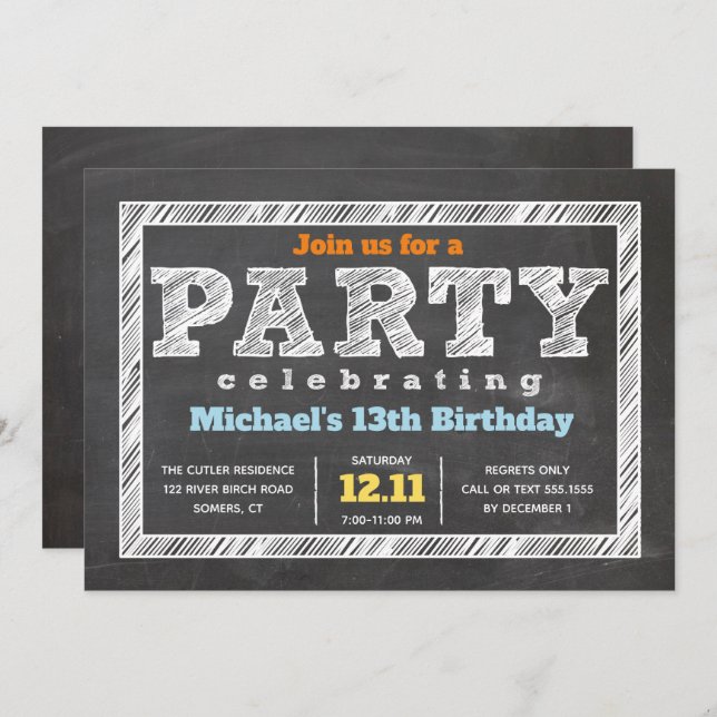 Teen Boy Birthday Invitation Chalkboard Multicolor (Front/Back)