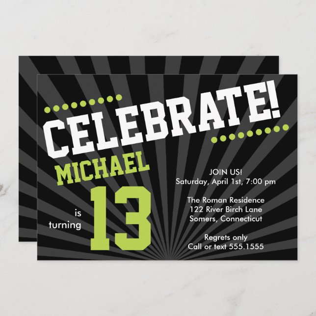 Teen Boy Birthday Invitation, Lime Green and Black Invitation (Front/Back)