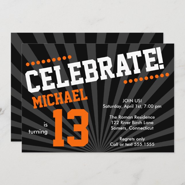 Teen Boy Birthday Invitation, Orange and Black Invitation (Front/Back)