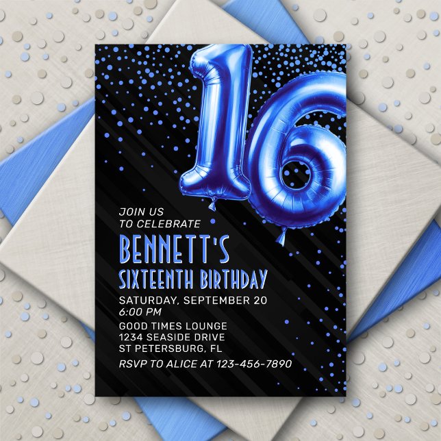 Teen Boy Blue 16th Birthday Invitation (Creator Uploaded)