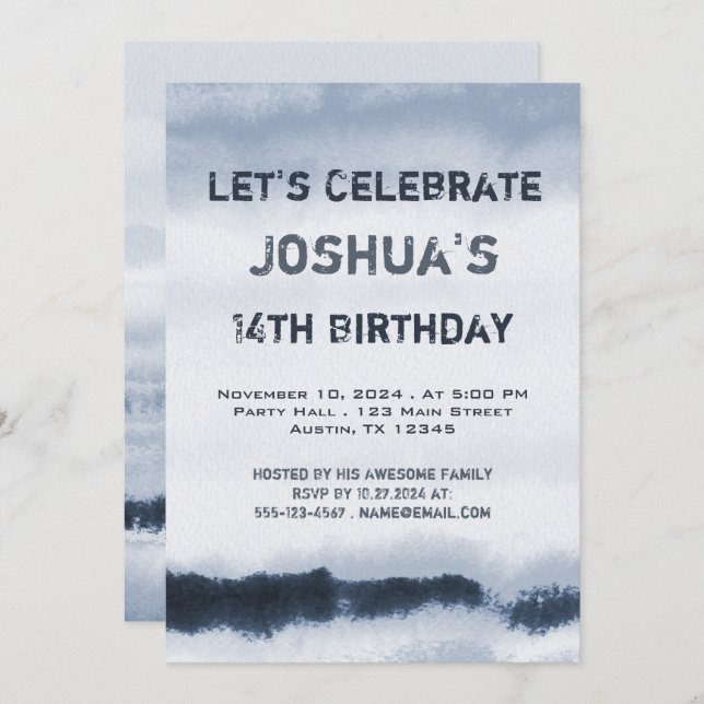 Teen Boy Blue Watercolor Minimalist Birthday Invitation (Front/Back)