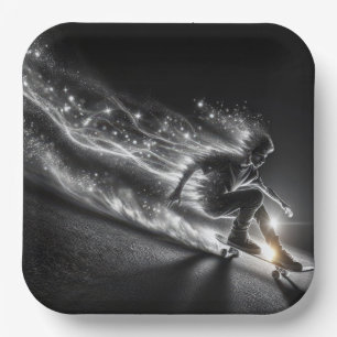 Teen Boy On a Skateboard With Neon Lights Paper Plate