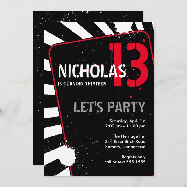 Teen Boy Party Invitation | Black, White and Red (Front/Back)