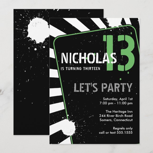 Teen Boy Party Invitation | Green (Front/Back)