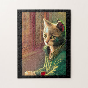 Teen cat green sweater urban alien jigsaw puzzle